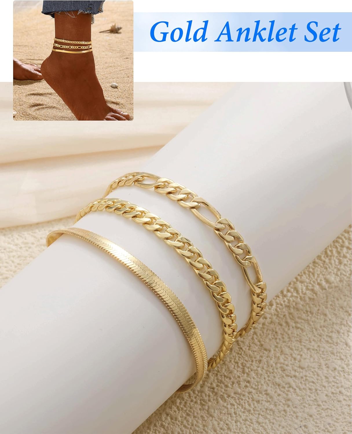 Gold Silver Ankle Bracelets for Women 14K Gold Plated Anklets for Women Waterproof Cuban Link Heart Chain Anklets Set Non Tarnish Dainty Layered Anklet Bracelets Summer Beach Jewelry - Image 6