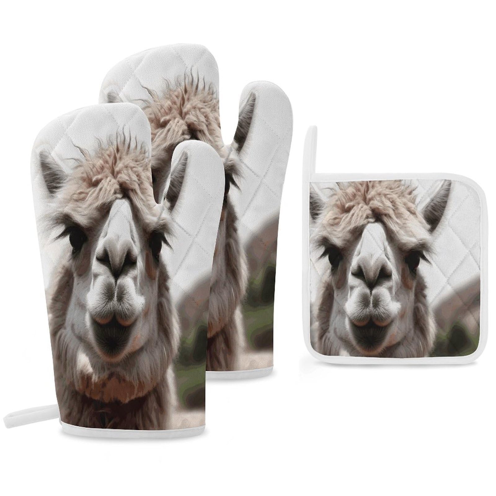 Fekiloot Style Funny Alpaca Llama Oven Mitts Funny Heat Resistant,Oven Glove With Hanging Loop,Resistant Hot Pads For Kitchen Baking Grilling Cooking