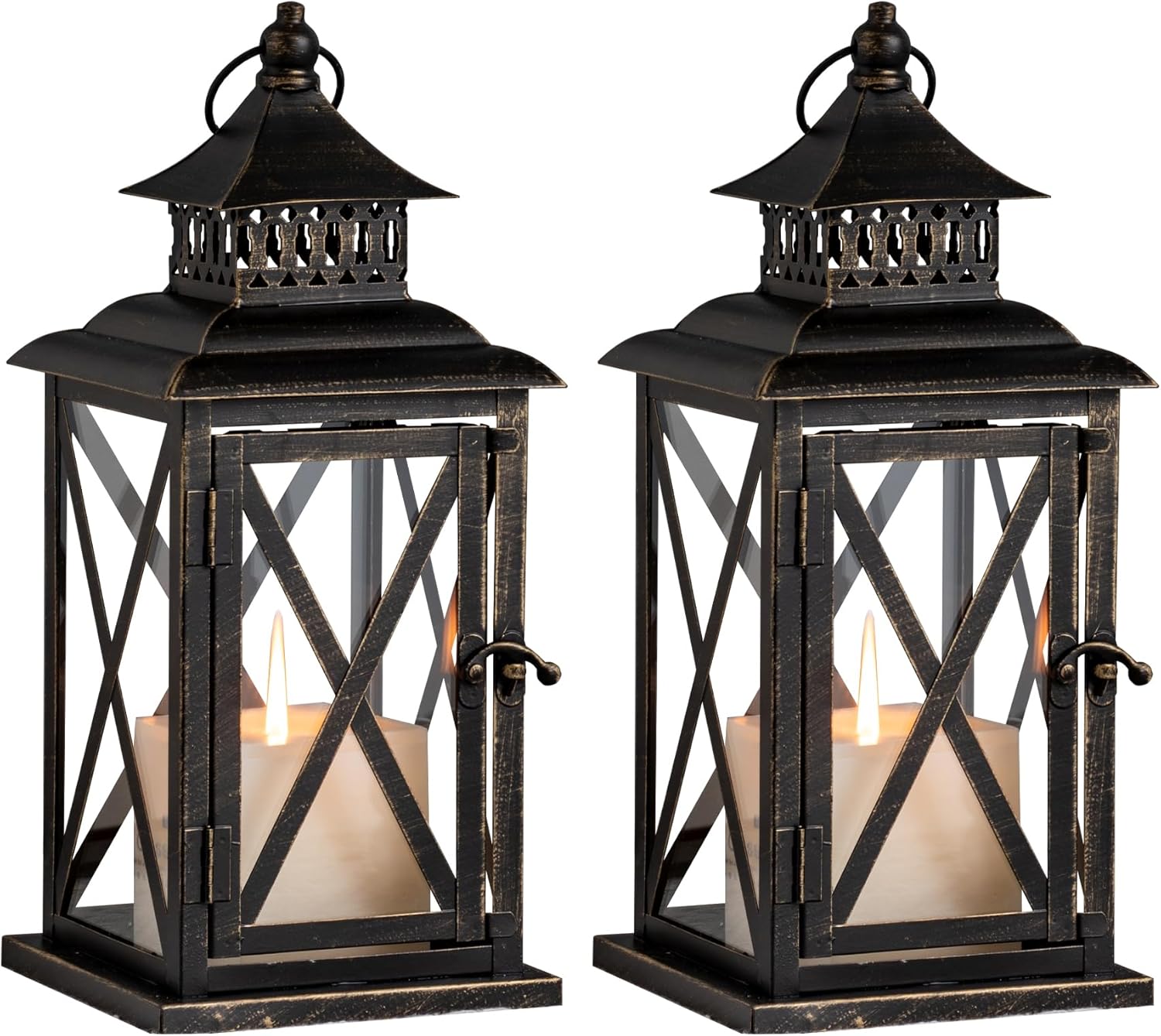 decorkey lantern decorative indoor & outdoor, 2 pack large hanging candle lanterns home decor, vintage metal candle holders for front porch patio wedding party, halloween christmas decorations (black) 14.8'' black 2