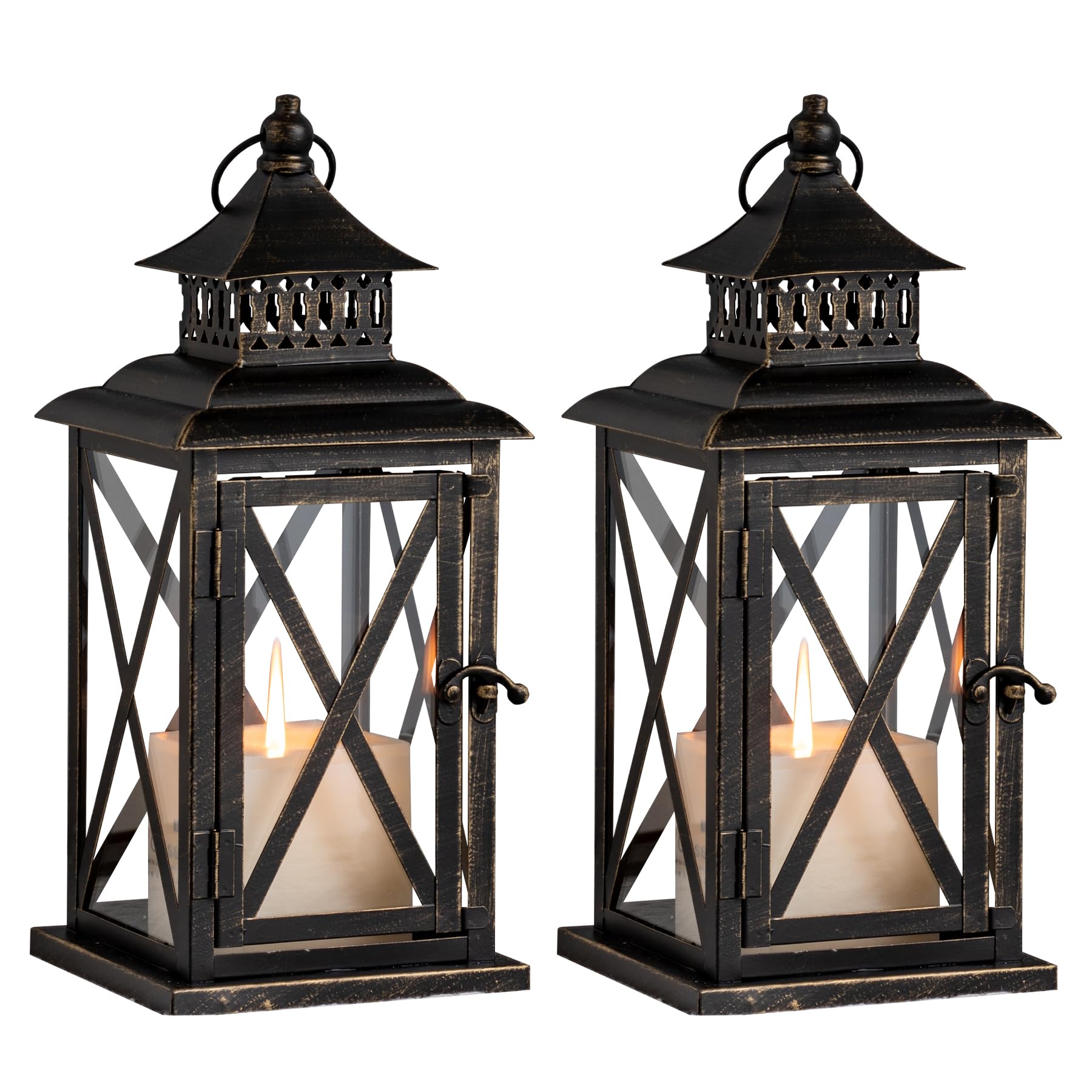 Lantern Decorative Indoor &amp; Outdoor, 2 Pack Large Hanging Candle Lanterns Home Decor, Vintage Metal Candle Holders for Front Porch Patio Wedding Party, Halloween Christmas Decorations (Black)