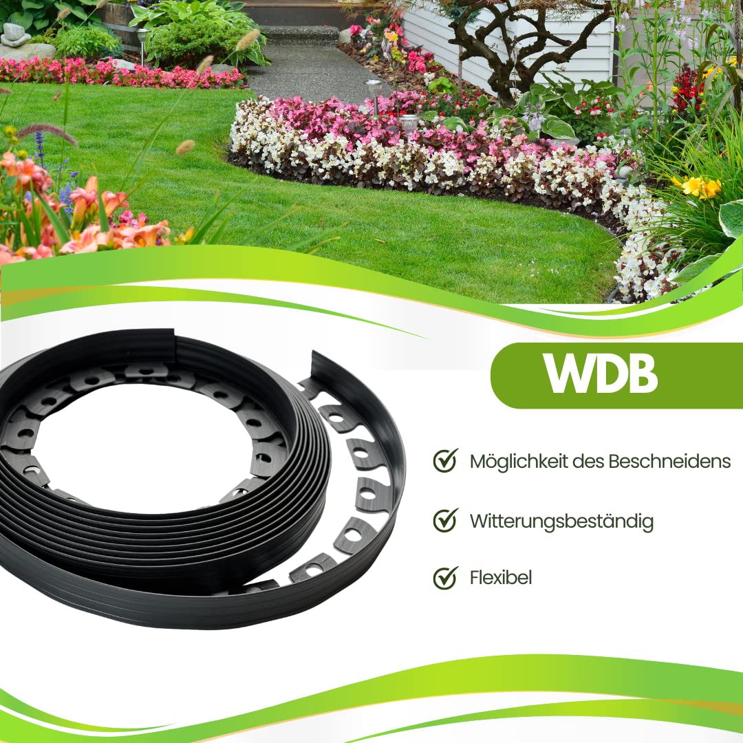 WDB Flexible Rasenkante aus Kunststoff - 10m Lang 4cm Hoch - mit 20 Befestigungsnägel - Schwarz - RAL 9005