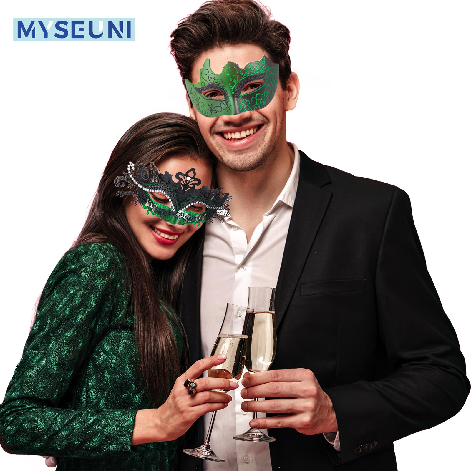 MYSEUNI Green Masquerade Mask for Couples, Shiny Rhinestone Women's Mask & Venetian Men's Mask for Halloween Mardi Gras - Image 4