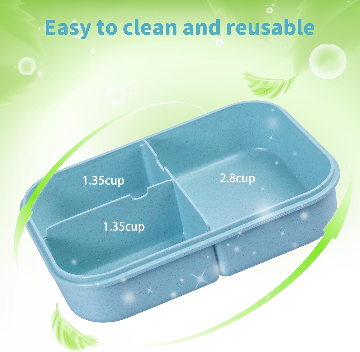 Bento Box for Kids & Adults, Leakproof 3-Compartment Lunch Box, BPA-Free Wheat Straw Material, Microwave & Dishwasher Safe, 5.5 Cup (Blue) - Image 4