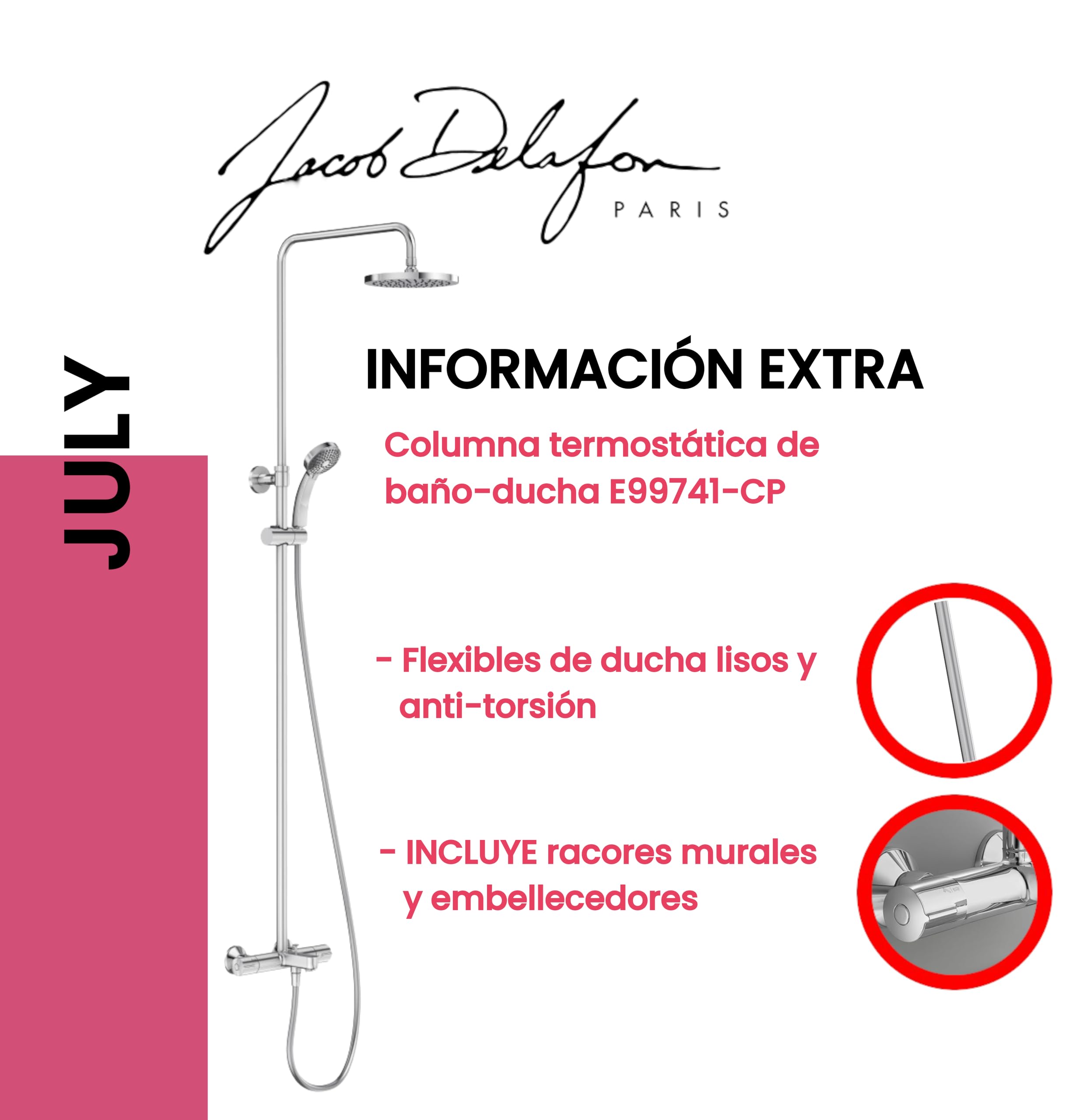 JACOB DELAFON Columna termostática de baño-ducha Cabezal redondo efecto lluvia Ducha de mano con 4 funciones Altura ajustable JULY E99741-CP