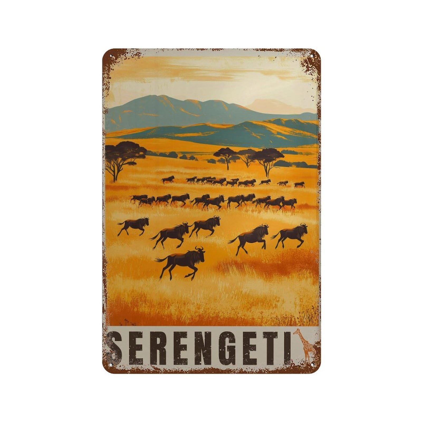xiaoxiaoshen Serengeti Wildebeest Travel Tanzania Wall Decor Art Metal Tin Poster Modern Home Decor Art Home Bar Shop Decorations Vintage Sign 30x20cm