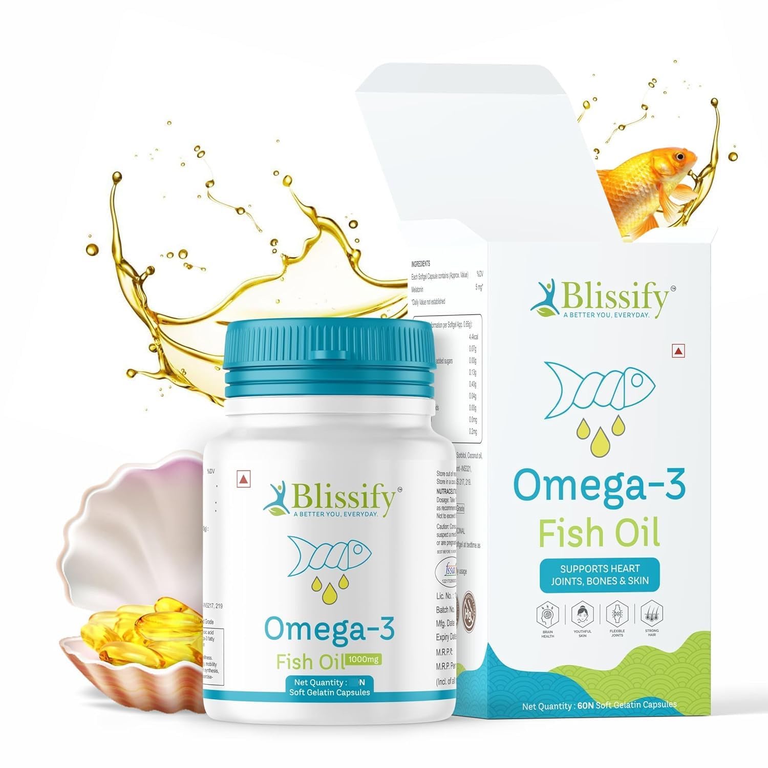 BLISSIFY Omega-3 1000mg, 30 Capsules with Fish oil - EPA + DHA (Fish Oil-30 Capsules)