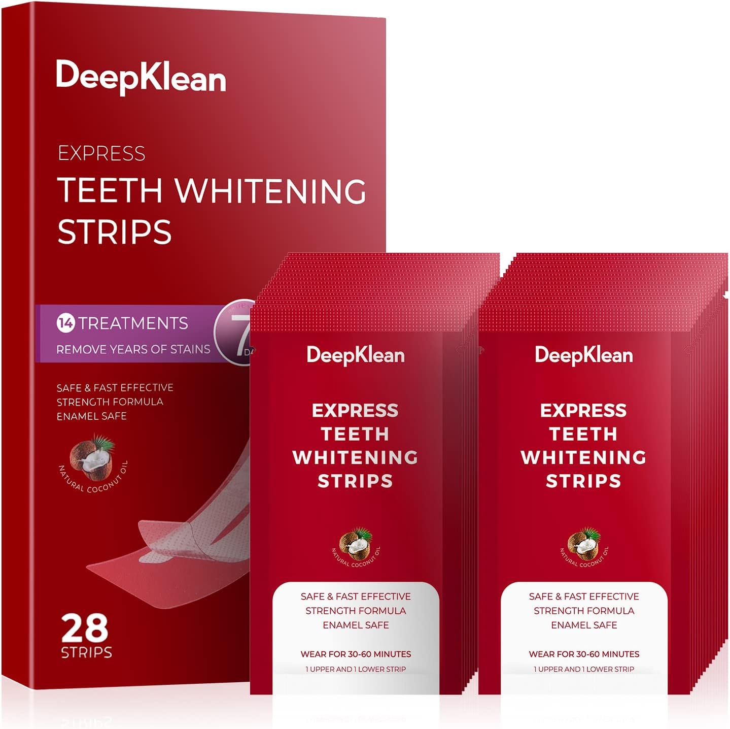 Teeth Whitening Strips for Sensitive Teeth - Professional White Strips for Home Using, Enamel Safe, 3 Days Express Result, 28 Natural Teeth Whitener Strips, 14 Treatments by Deepklean Coconut