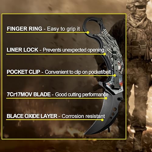 Miniatura 4 de MADSABRE Skull Collection - Cuchillo plegable EDC táctico de bolsillo con clip, 7 pulgadas, cuchillos de supervivencia para campamento al aire