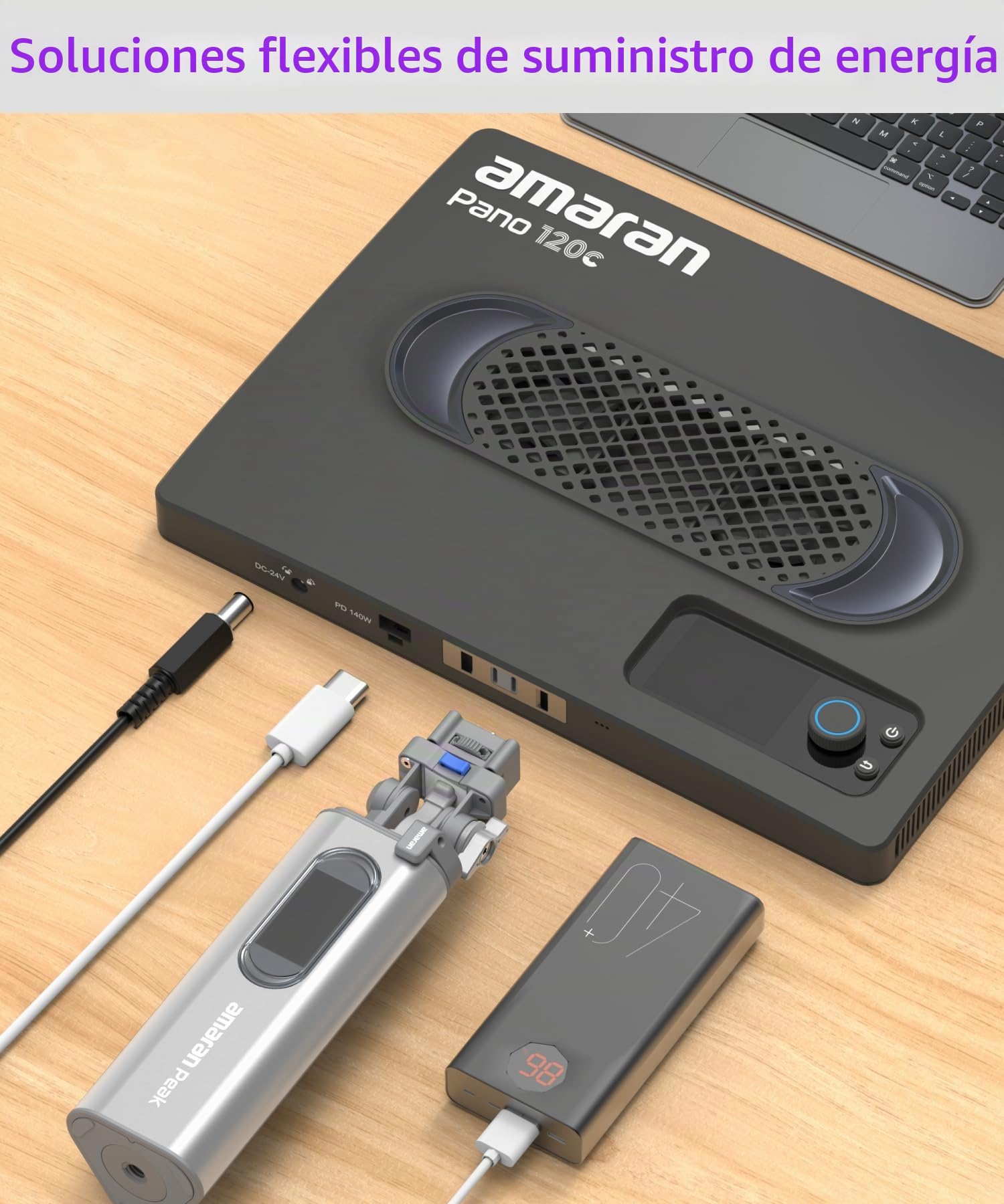 amaran Pano 120c Kit Luz de Panel RGBWW 120W, hasta 13,490 Lux a 1m, USB-C PD y Adaptador DC 150W, con Softbox, Rejilla, Difusor y Estuche para Fotografía y Video - Carbón