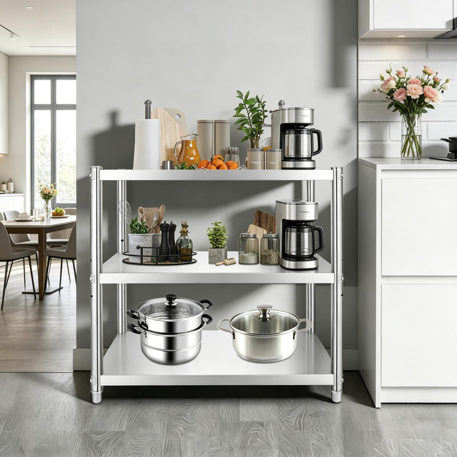 Scaffale da cucina a 3 livelli, 80 x 40 x 80 cm, argento, 29 kg