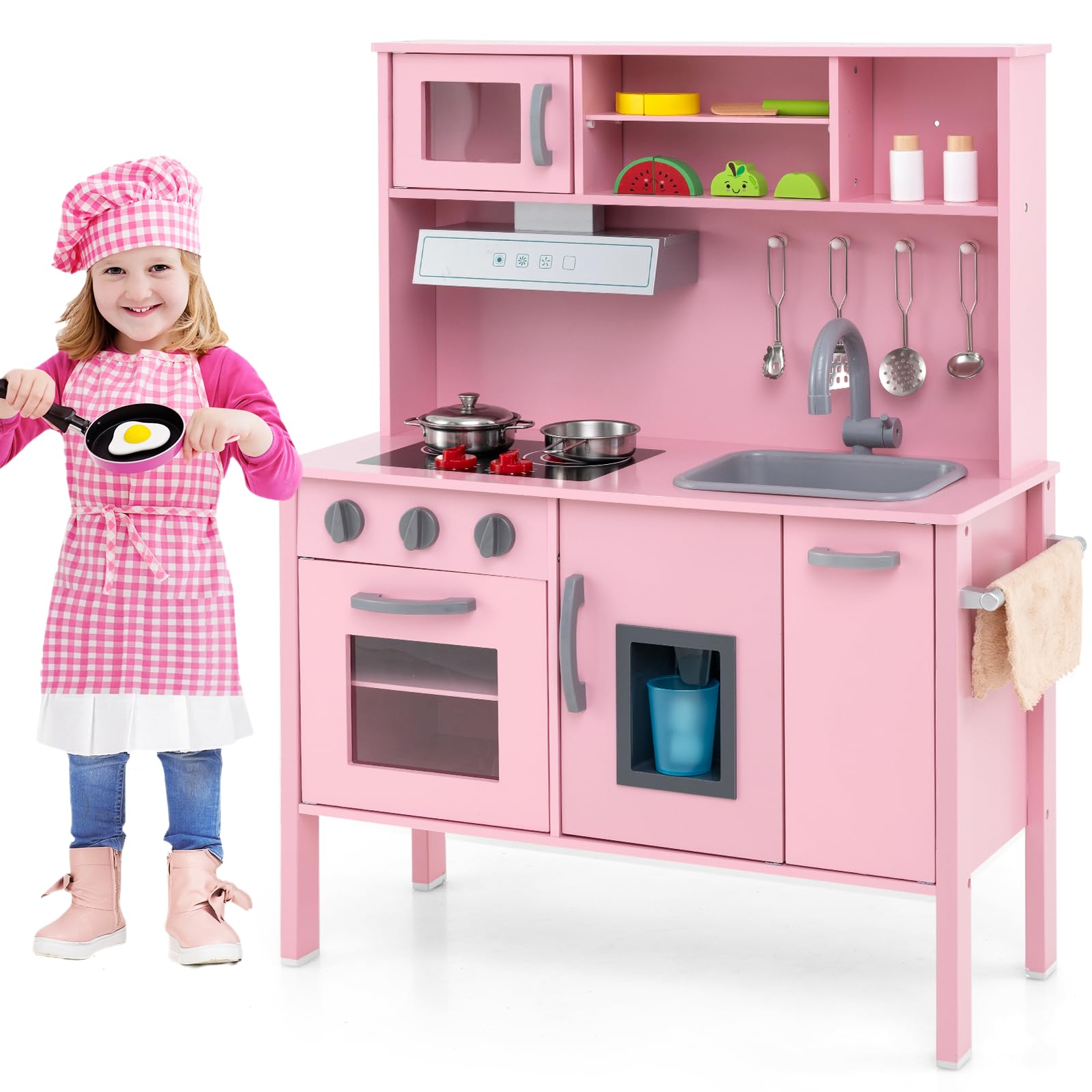 Costzon Kids Kitchen Playset, Wooden Pretend Toddler Kitchen Toy Set w/Sound, Microwave, Oven, Ice Maker, Range Hood, Stoves, Sink & 18 Accessories, Pink Play Kitchen for Girls Ages 3+