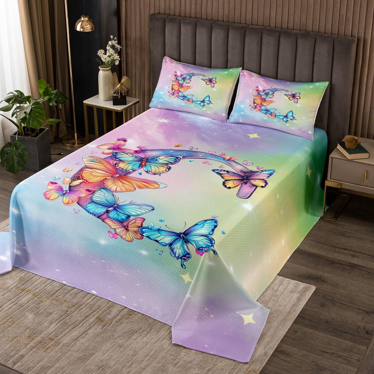 Castle Fairy Butterfly Letter C Bedspread Twin Size 2 Pcs,Garden Wild Butterflies Romantic Bedding Sets for Kids Girls Teens,Stars Colorful Tie Dye Decor Coverlet Set with 1 Pillowcase