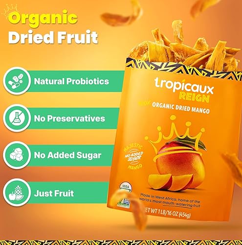 Miniatura 18 de Tropicaux Reign Paquete de frutas secas orgánicas, mango seco, saludable, vegano, sin azúcar añadida, bocadillos sin OMG para niños y adultos