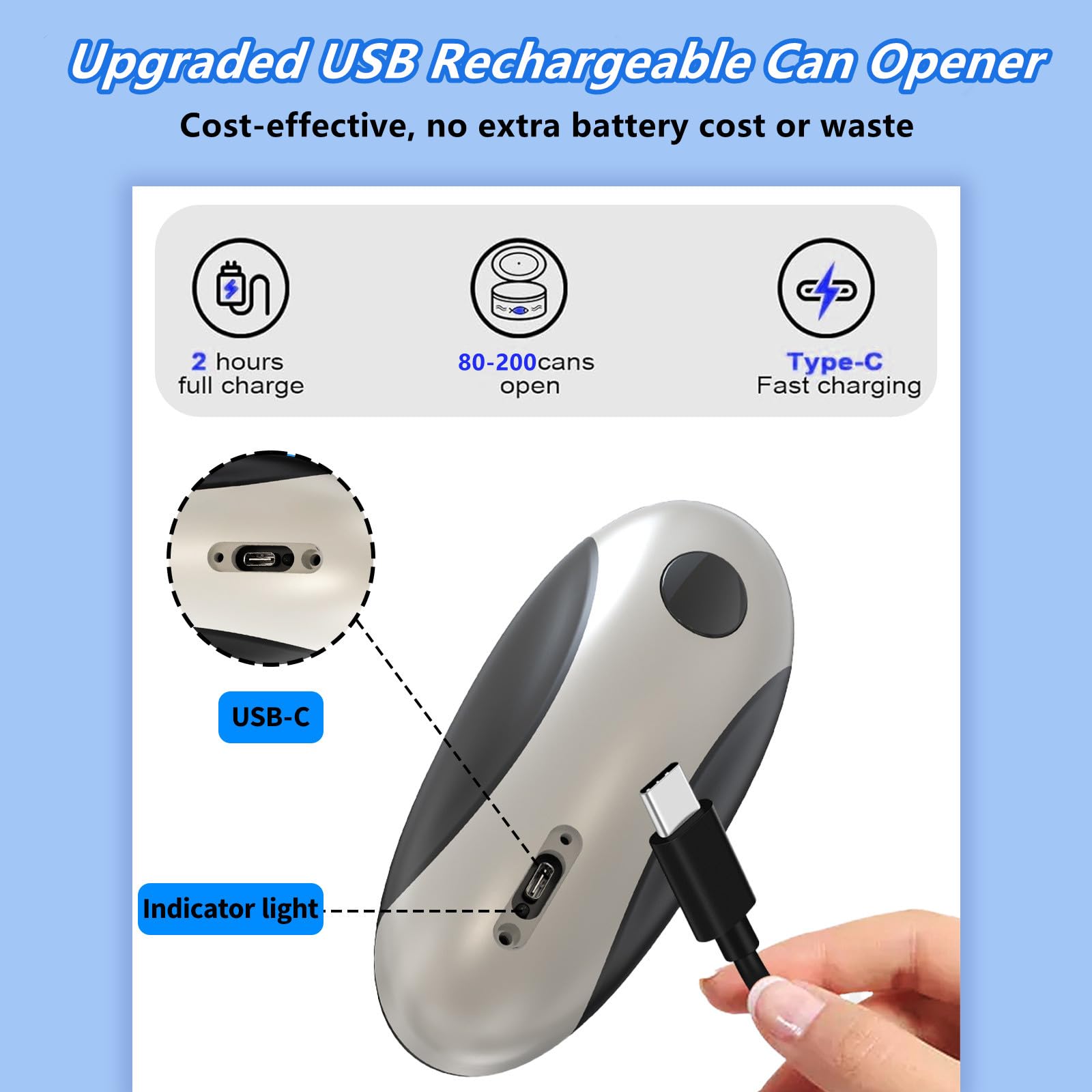 Apriscatole elettrico, ricaricabile tramite USB, gadget da cucina, funzionamento automatico one-touch, a batteria, con bordo liscio, per anziani