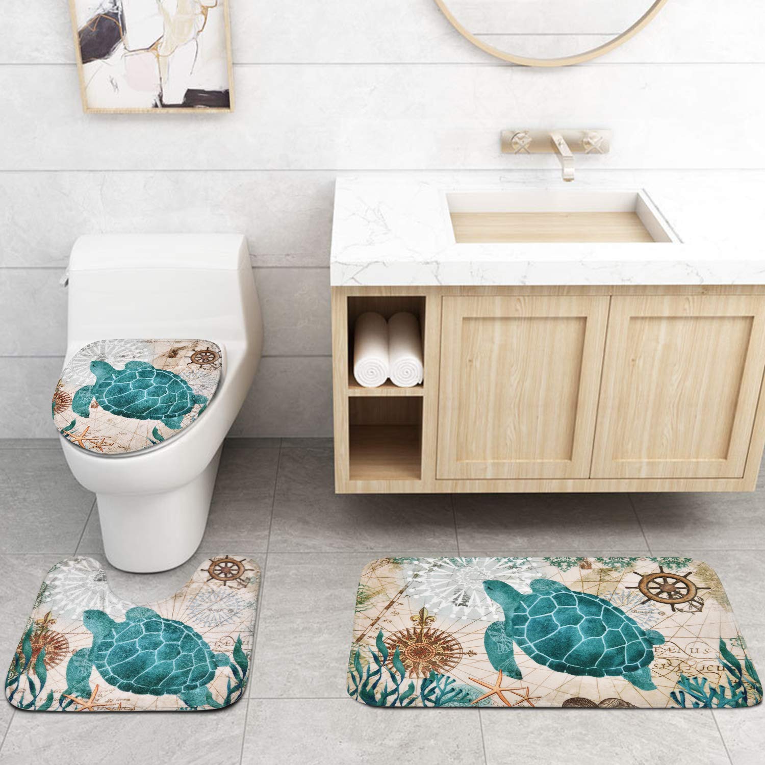 Set di 4 tende da bagno con motivo tartaruga marina misteriosa, con