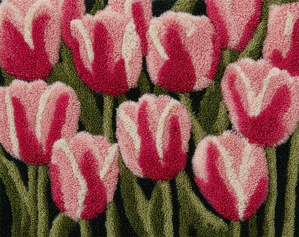 Kitquiver Latch Hook Kits for Adults Rug Pink Tulip Bouquet DIY Crochet Yarn Embroidery Handmade Needlework with Printed Canvas for Home Decoration 15X20In