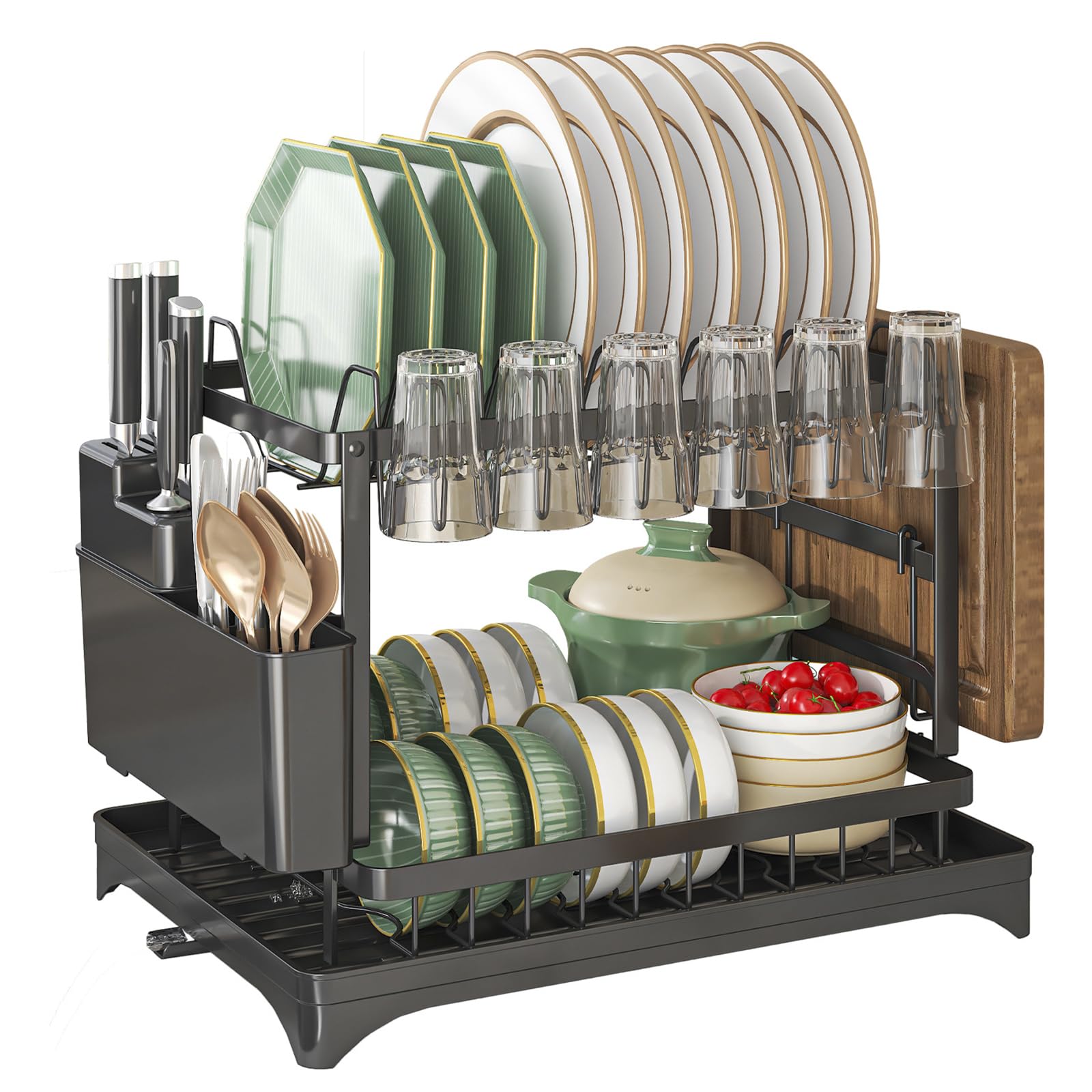 Egoutoire Vaisselle Cuisine,Séchoir à Vaisselle à 2 Niveaux pour Comptoir de Cuisine avec Plaque de Drainage,Egouttoir Vaisselle de Grande Capacité avec Porte-Couverts&Porte-gobelets