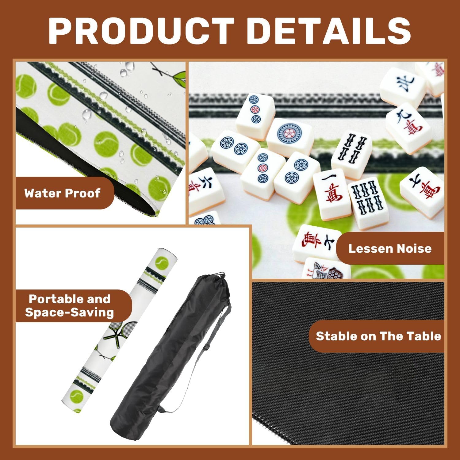 Mahjong Mat with Carrying Bag 31.5" x 31.5" Non-Slip Noise Reduction Tennis Racket Laurel Wreath Green Tennis Ball Table Mat for Mahjong Poker Dominoes Card Board Tile Games