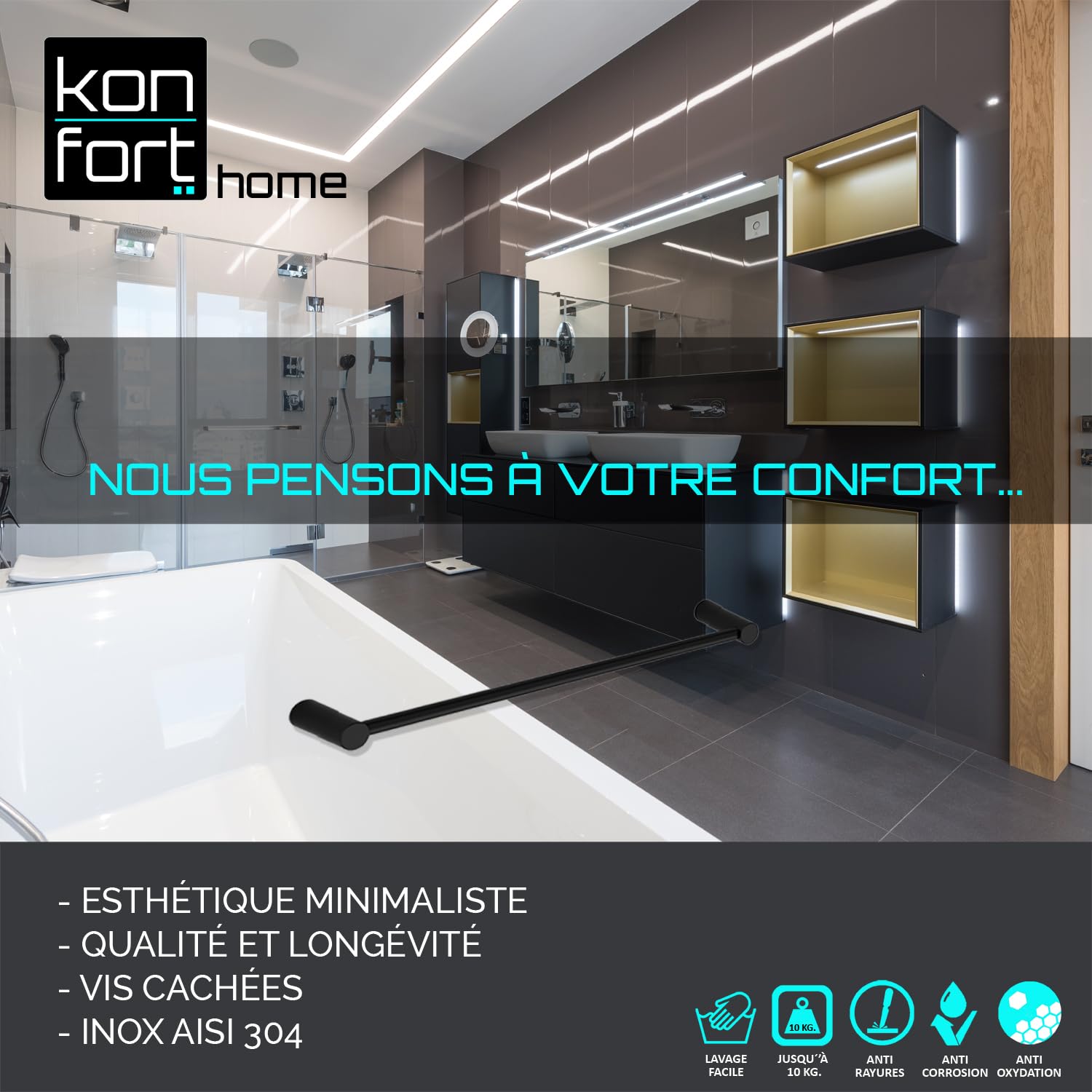 Kon-fort Home Porte Serviette Noir Salle de Bain Acier Inoxydable brossé Mat, Design Exclusif, 40 cm