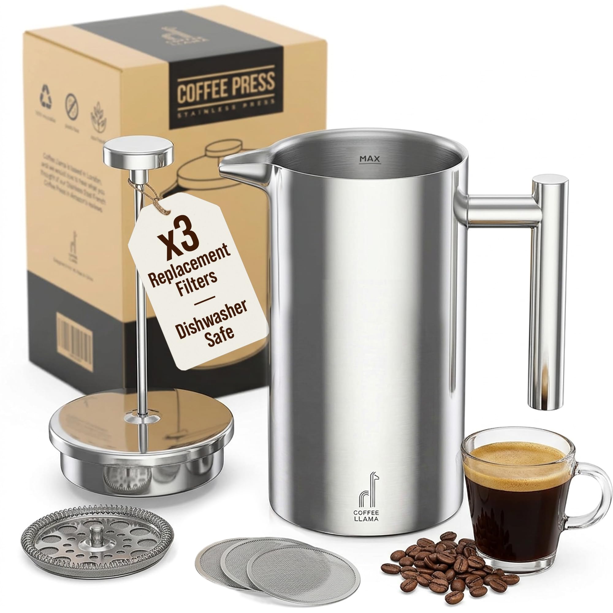 Coffee Llama™ Cafetiere 1 Cup French Press Stainless Steel 350ml