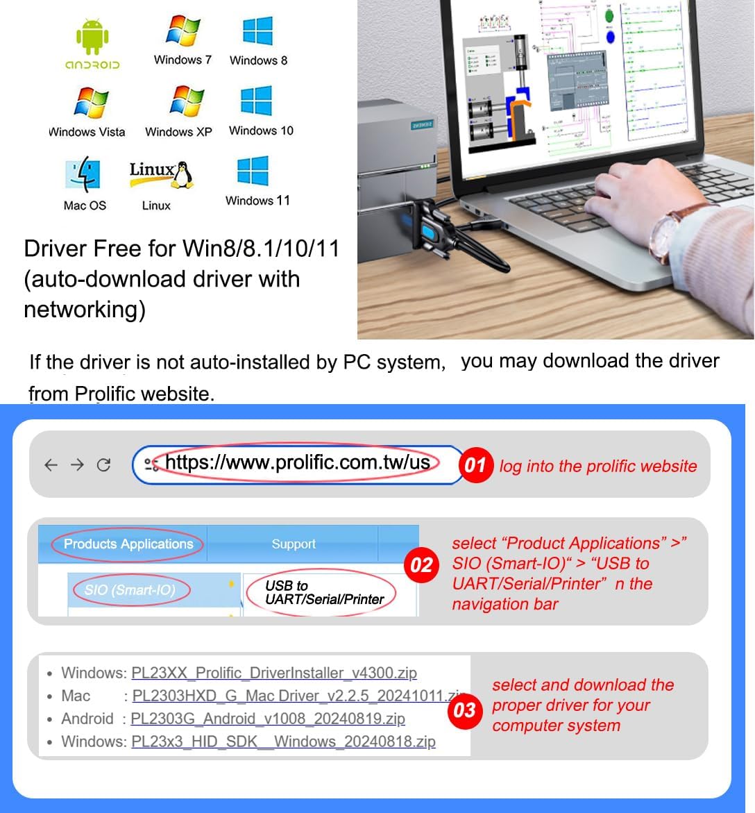 DTECH USB to Serial Adapter DB9 RS232 Cable Prolific Chip PL2303 DB-9 Male Cord 3ft Compatible with Windows 11 10 8 7 Mac Linux for Laptop RS232C Printer Radio