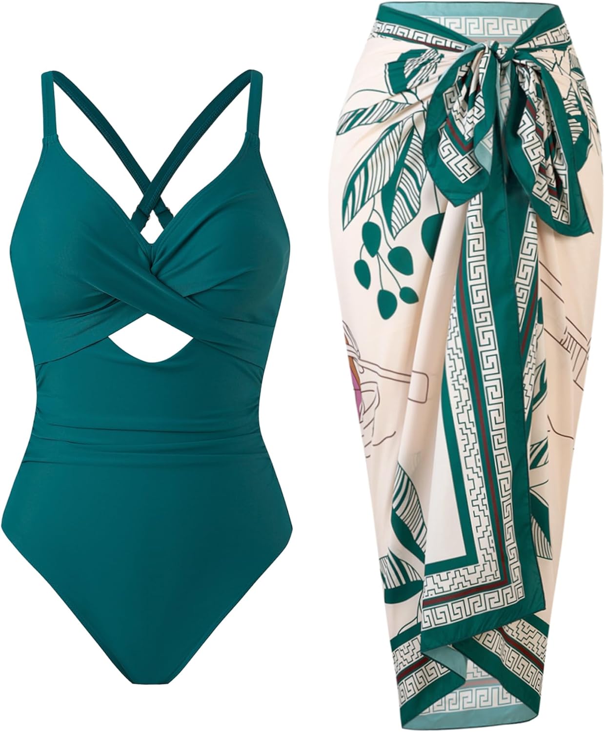 Women's One Piece Swimsuit with Skirt Wrap Set Retro Tummy Control Bathing Suit Cover Up