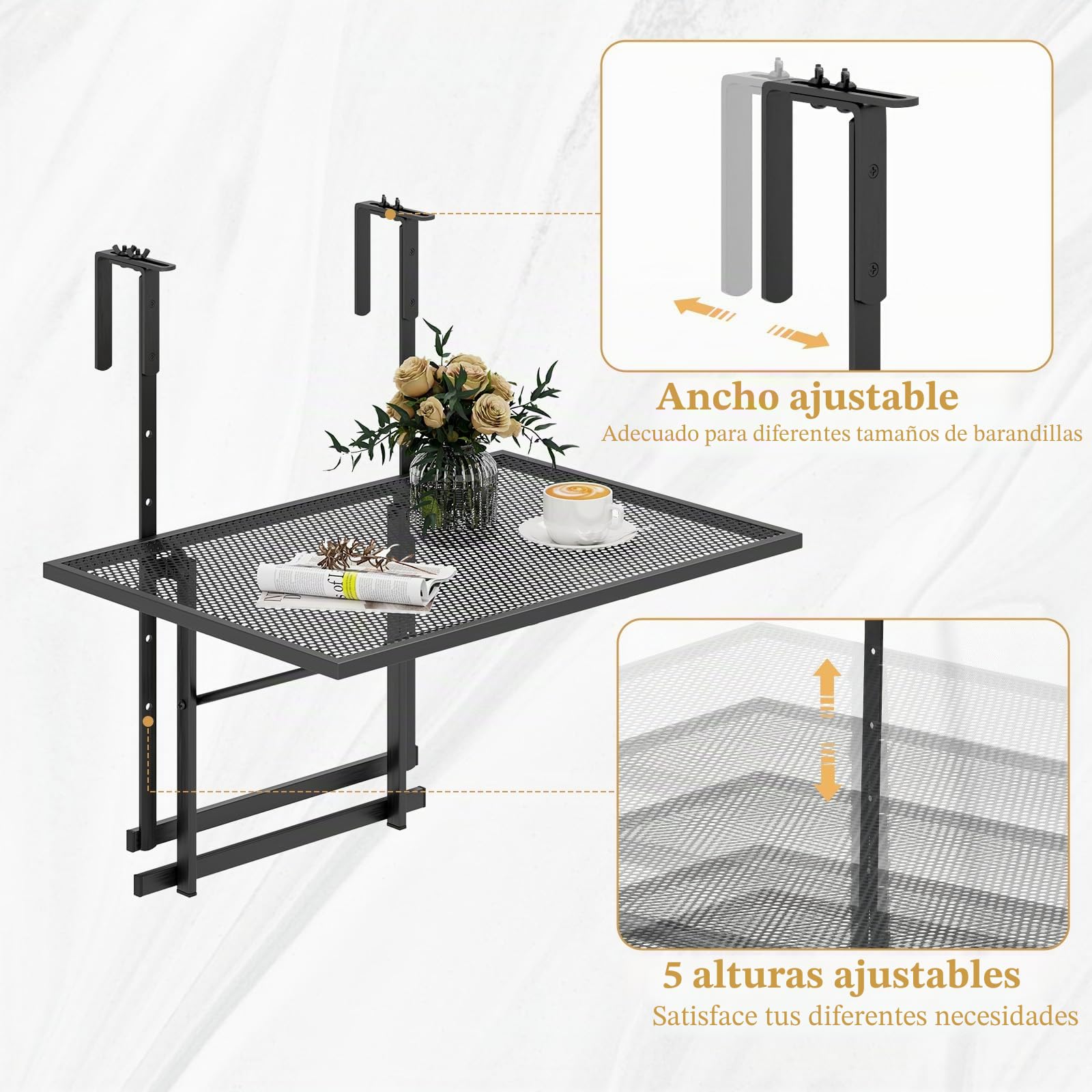 GIANTEX Mesa de Balcón Plegable, Mesa Auxiliar Metálica para Barandilla | 60,5x40,5x82,5cm, Mesita con 5 Alturas Ajustables, Marco de Metal, Tablero de Malla, para Terraza