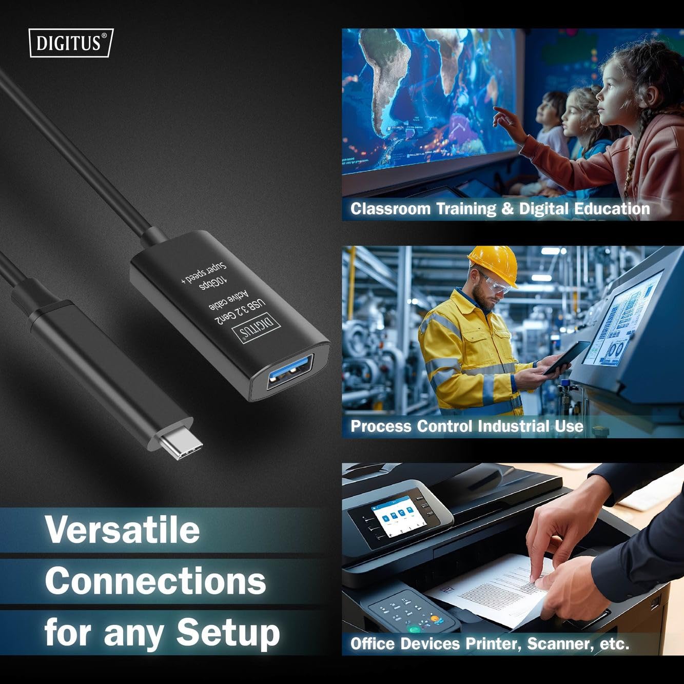 DIGITUS Aktives USB 3.2 Gen2 Verlängerungskabel – 5 m – 10 Gbit/s | USB-C Stecker auf USB-A Buchse – Repeaterkabel – Plug und Play – Schwarz