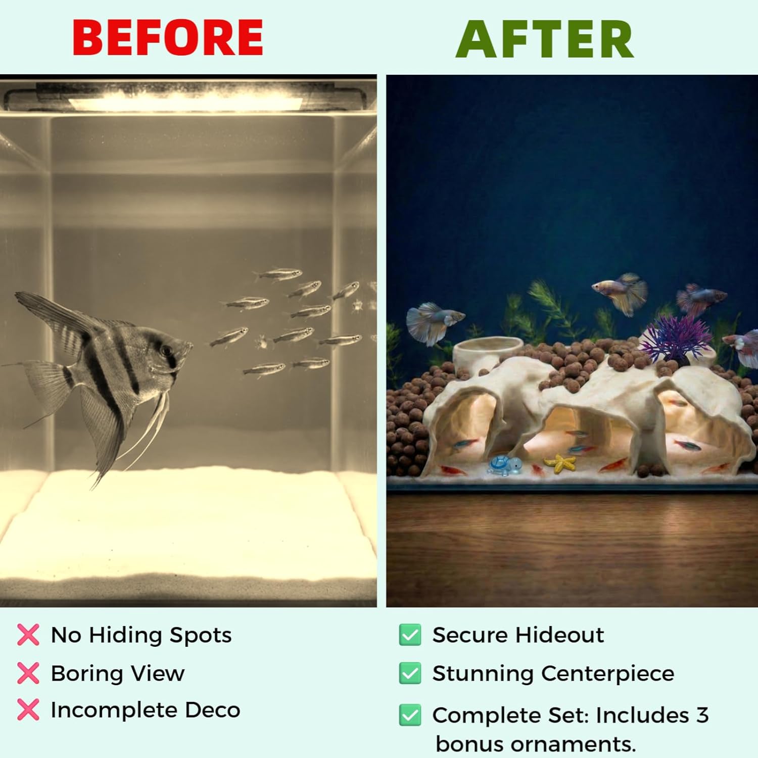 Large Aquarium Tunnel & Cave (9.5" L), 3D Printed Substrate Viewer Fish Hideout with Wide Top Entrances, Tank Decor for Small Fish, Corydoras, Betta & Shrimp - Set with 3 Mini Accessories(Black)