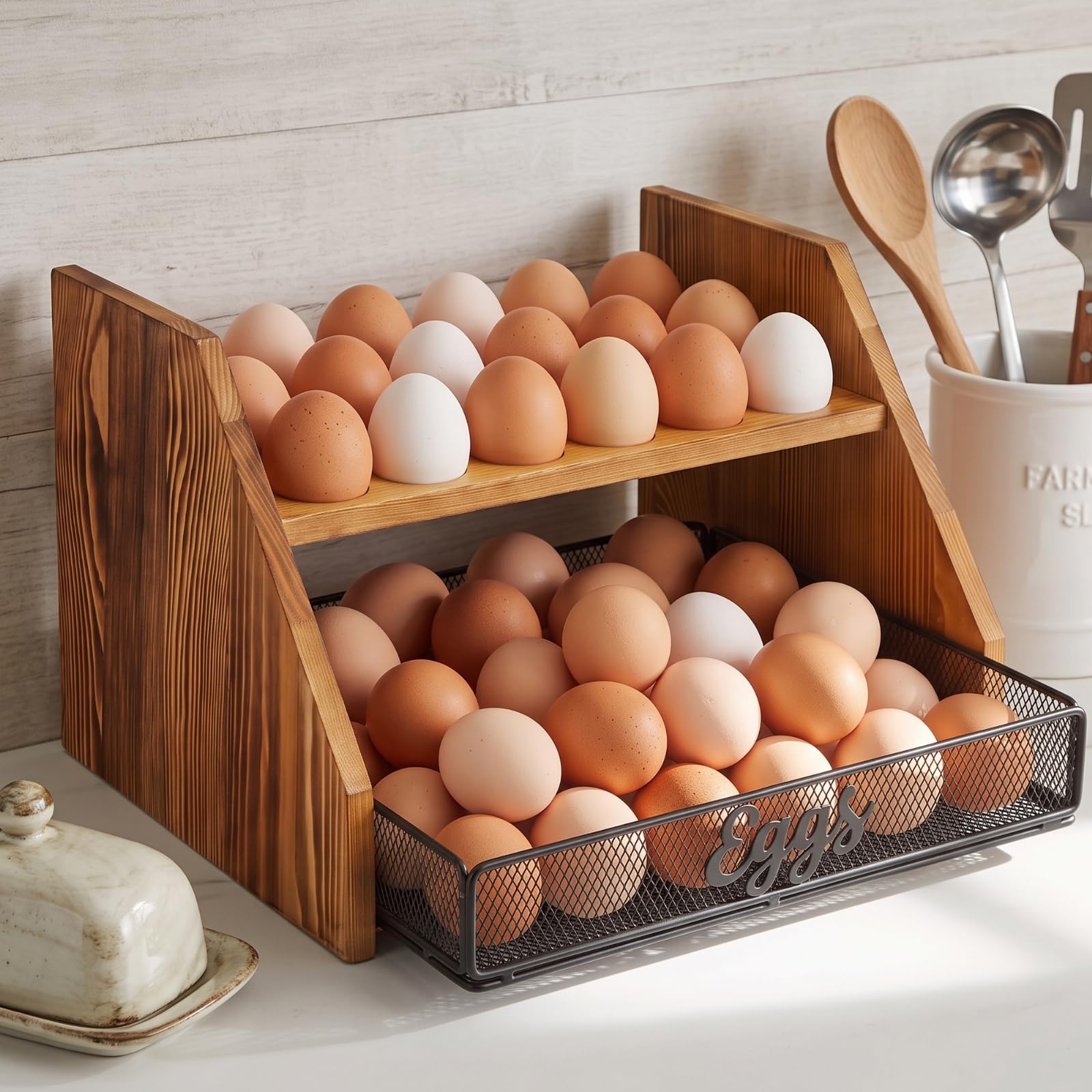 LemonRoad Wooden Egg Holder Fresh Egg Holders with Wire Basket Organizer for Countertop 24+60 Eggs Rustic Kitchen Organizer Basket for Gathering Fresh Chicken/Duck/Quail/Turkey Eggs (Wood Color)