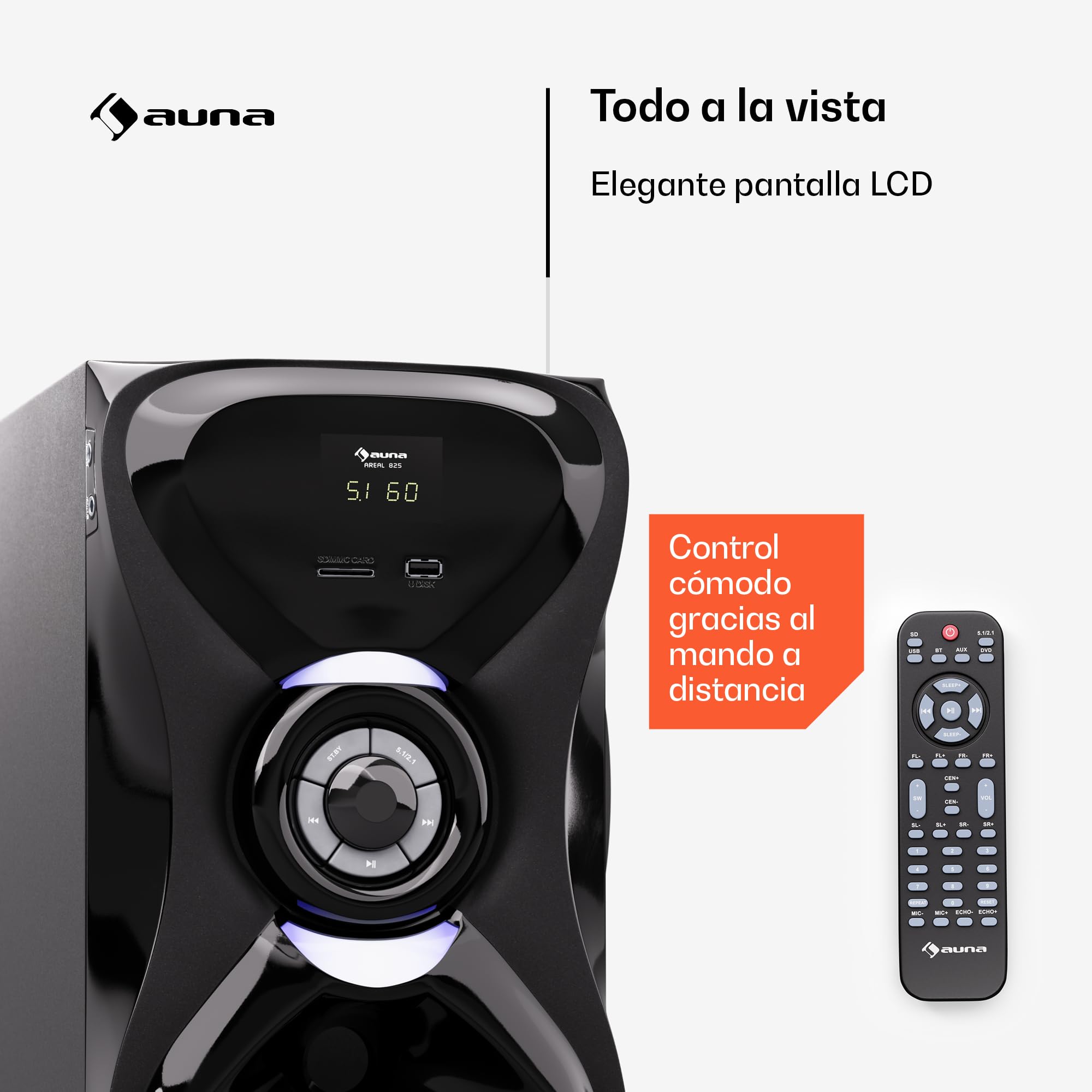 AUNA Areal 825 Sistema de Cine en Casa 5.1 Inalámbrico - Bluetooth, Subwoofer 100W, Iluminación RGB, Puertos USB/SD, Entrada AUX y Óptica, Altavoces con Mando a Distancia