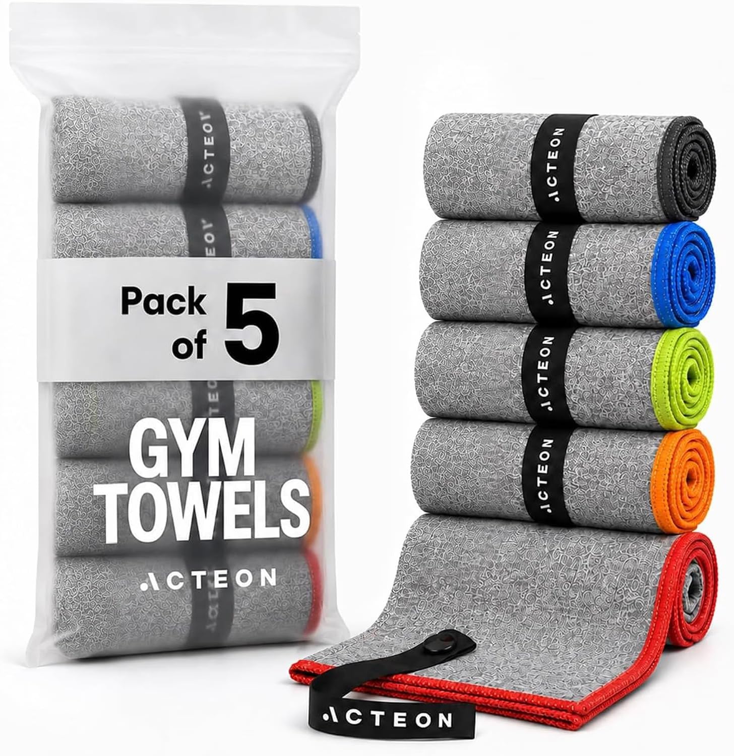 Acteon Microfiber Quick Dry Gym Towel, Silver ION Odor-Free Absorbent Fiber, Fast Drying, Men & Women Workout Gear for Body Sweat, Working Out, Towels