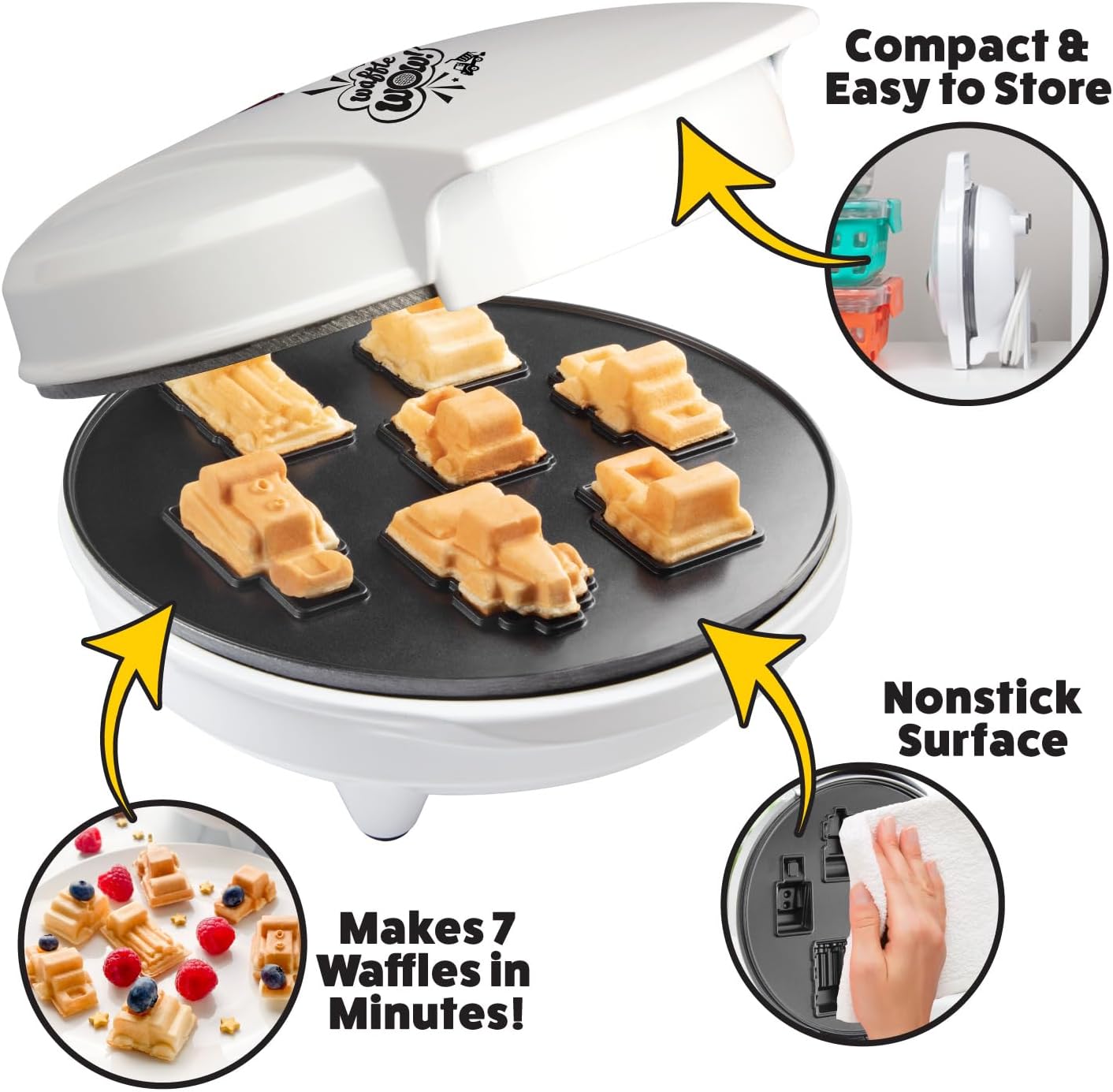 Construction Trucks Mini Waffle Maker- Make 7 Different 3D Vehicle Shaped Pancakes Feat a Bulldozer Forklift & More- Electric Nonstick Pan Cake Car Waffler Iron w Recipe Guide, Fun Kids Treat or Gift