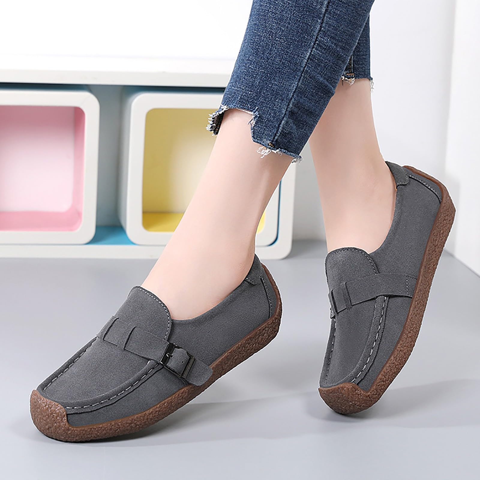 Zapatos Casual Mujer Mocasines Cuero Ante Clásicos Suave Antideslizante Punta Redonda Cómodo