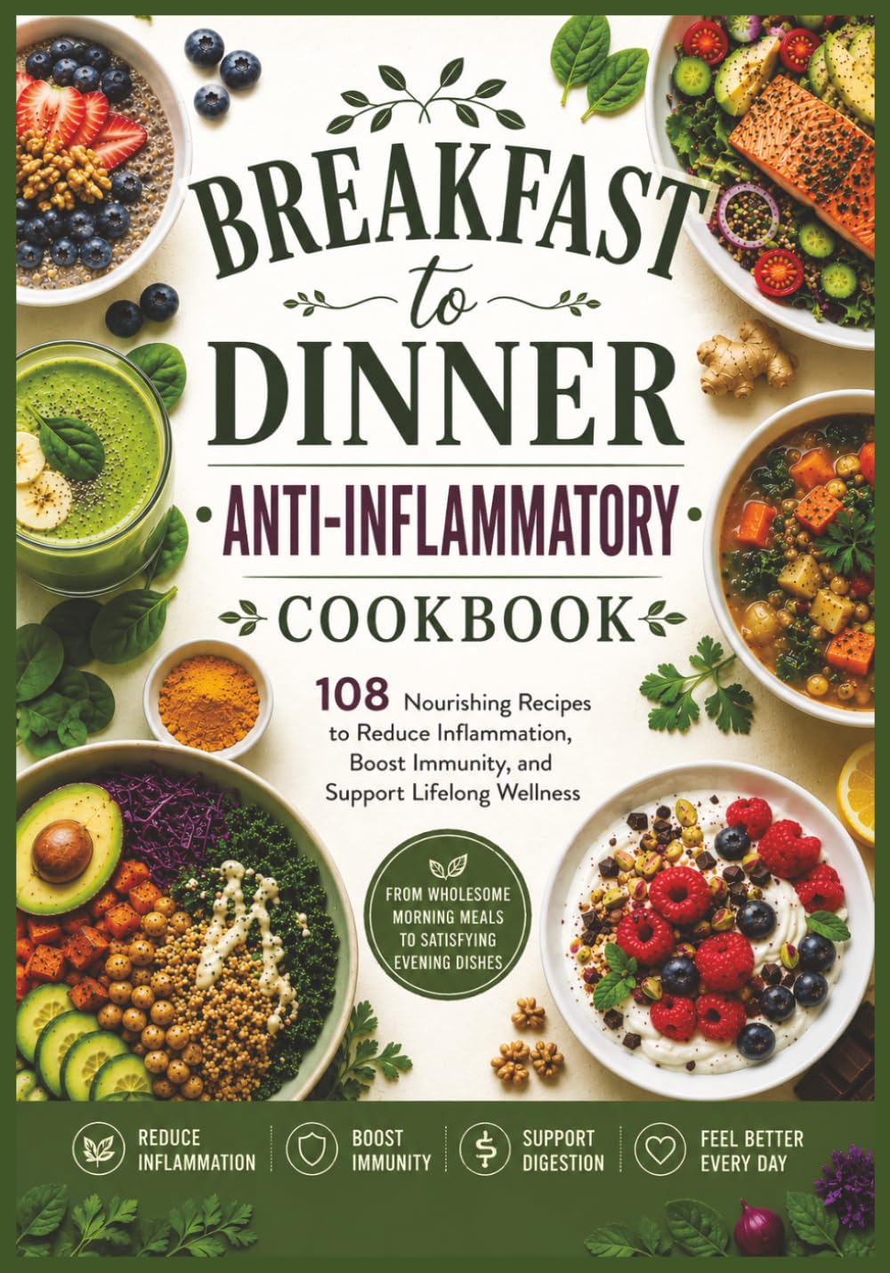 Breakfast to Dinner Anti-Inflammatory Cookbook: A Practical Guide to Anti-Inflammatory Eating Featuring Breakfasts, Smoothies, Soups, Salads, Main Dishes, Side Dishes, Dressings, Dips, and Desserts
