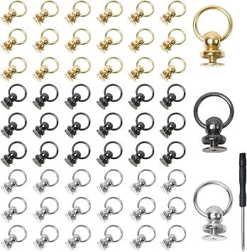60 Set Screw-in Ring Rivets for Leather, Screwback Round Head Rivet with Pull Ring, Decorative Rivets for Leather Crafting Purse Clothes Phone Case Handbag Gold, Silver, Gunmetal