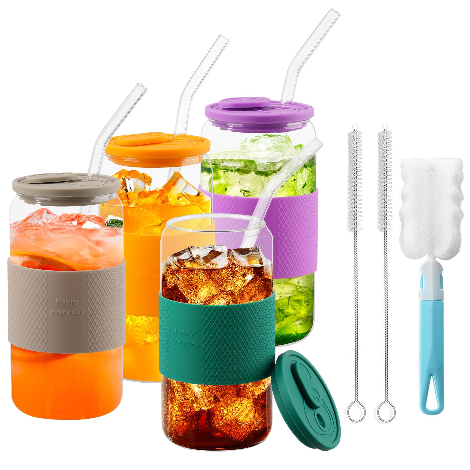 Glass Cups with Lid and Straws, 4 Set -16oz Drinking Glasses with Silicone Protective Sleeve, Can Shaped Glass Cup, Cute Iced Coffee Tumbler, Smoothie Cups for Cocktail, Soda, Juice, Whiskey, Gift