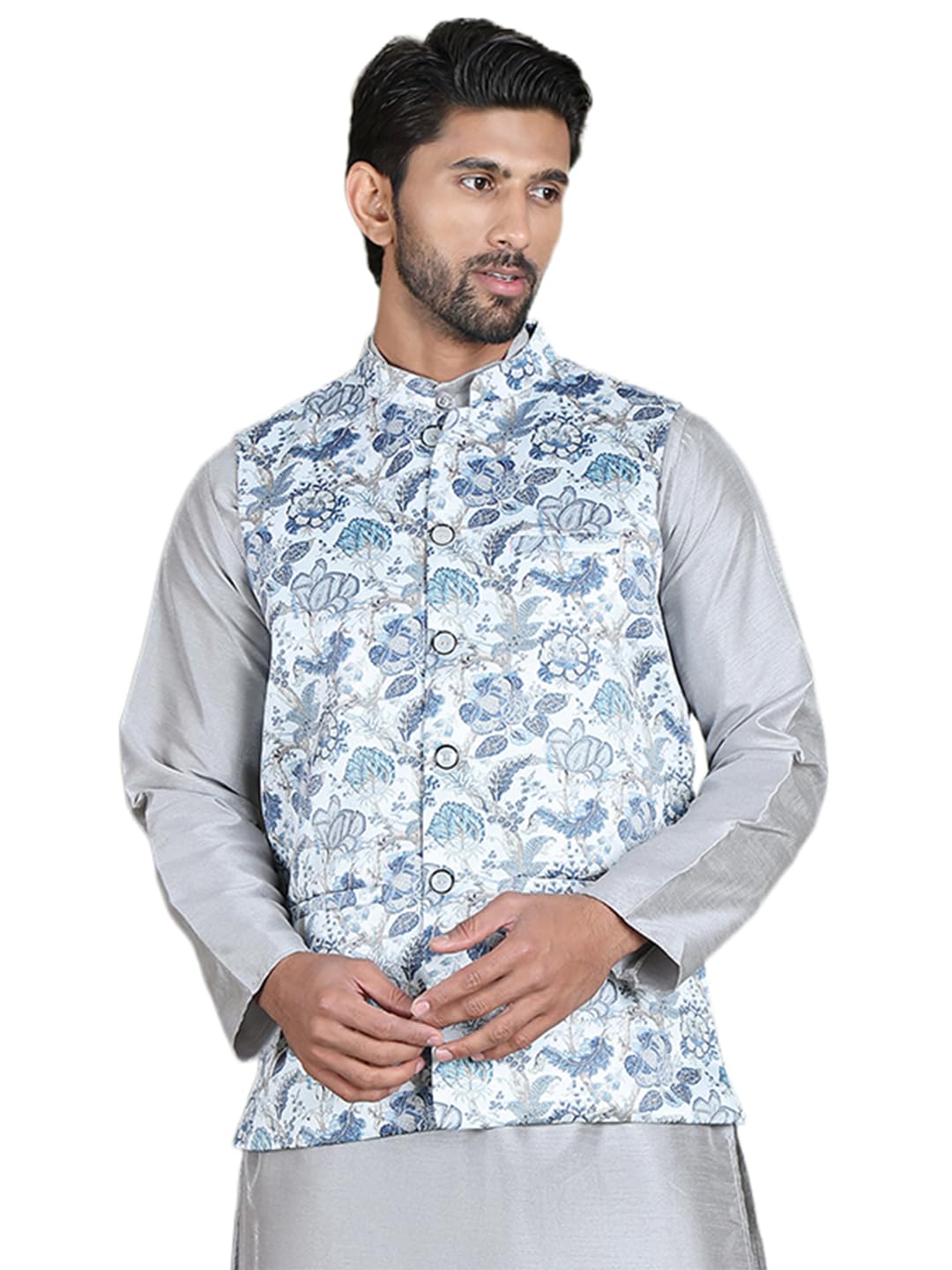 jompers White Floral Printed Nehru Jacket. (White, M)-picture-15