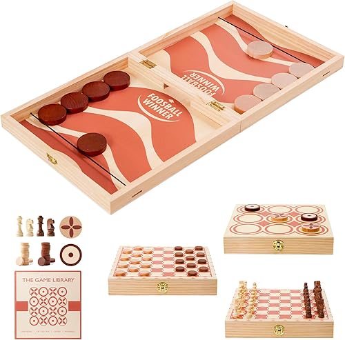 RM ROOMERS Juego de discos rápidos de madera 4 en 1 para adultos, ajedrez, damas, Tic Tac Toe, juegos de mesa de viaje plegables portátiles, juegos