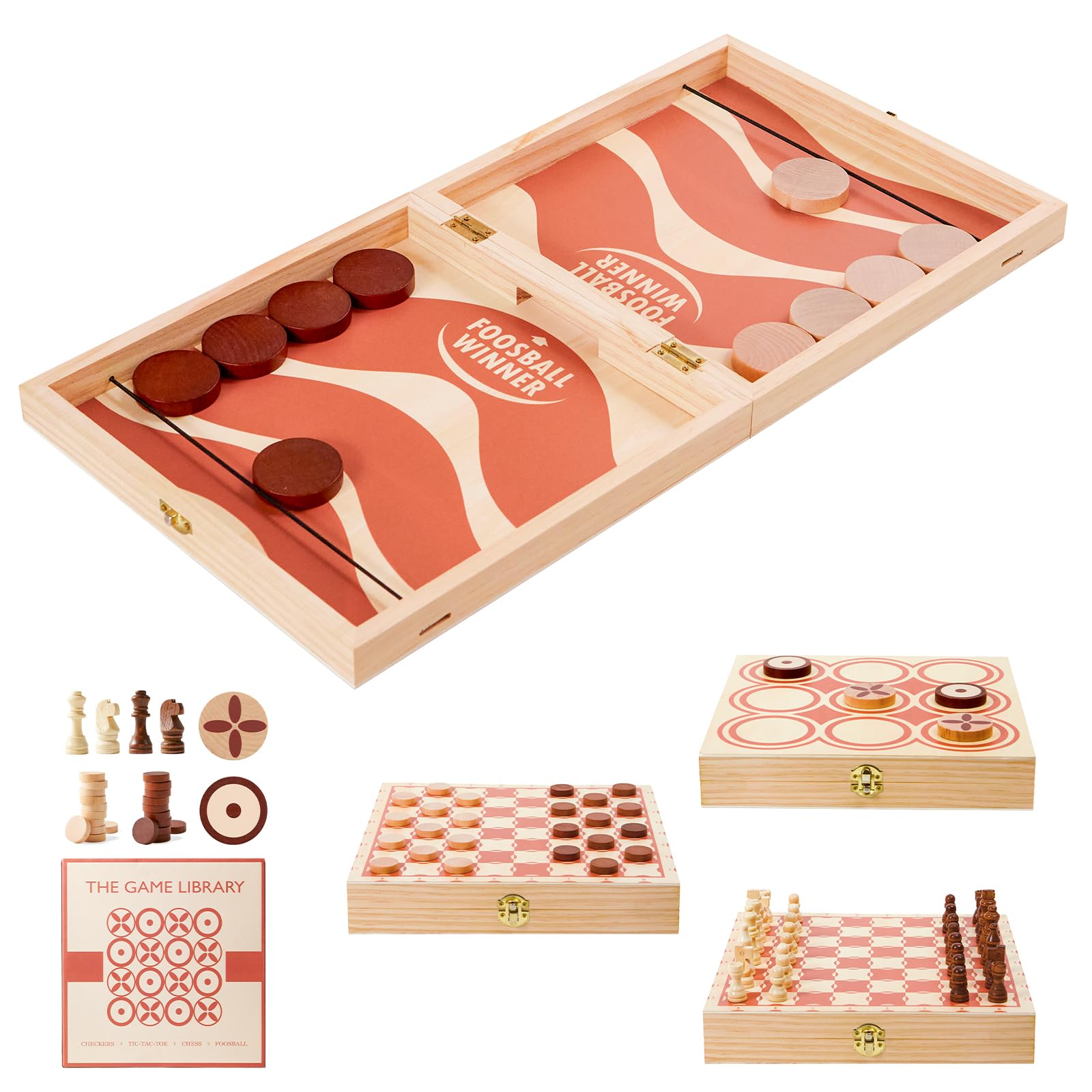 RM ROOMERS 4 in 1 Extra Large Fast Sling Puck Game, Chess and Checkers Set, Tic Tac Toe, Foldable Tabletop Wood Board Game for Kids and Adults,Interactive Toy Hockey Slingshot for Family Night Party