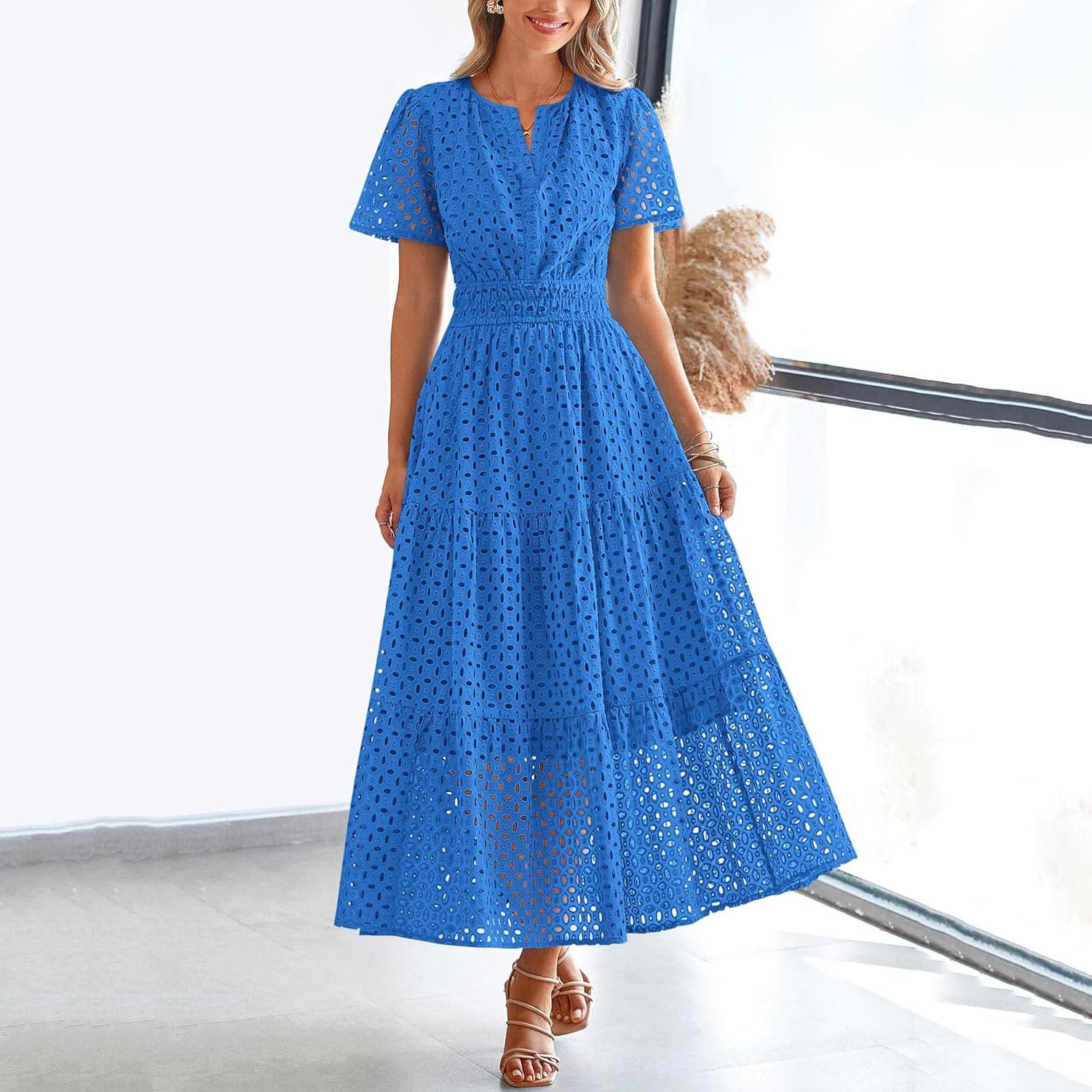 Vestidos de Verano, Vestido de Manga Corta con Ojales, Cuello en V,Vestidos playeros Largos y fluidos, Estilo Bohemio, Elegante, Informal, Largo, con Bolsillos, Vestido de Verano Informal.