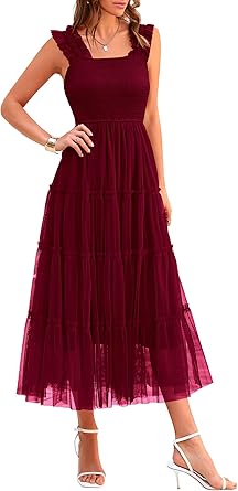 PRETTYGARDEN Women's Summer Tulle Midi Dress Sleeveless Smocked Ruffle Mesh Flowy Dresses Party Wedding Guest Sundress