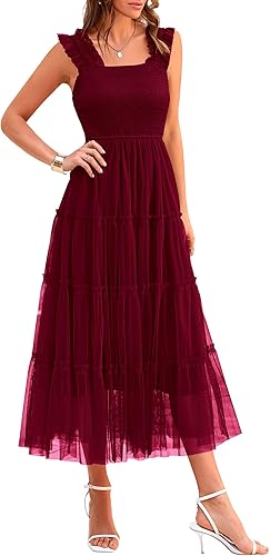PRETTYGARDEN Women's Summer Tulle Midi Dress Sleeveless Smocked Ruffle Mesh Flowy Dresses Party Wedding Guest Sundress