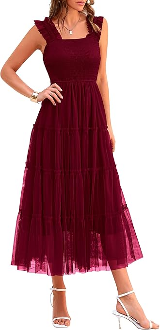 PRETTYGARDEN Women's Summer Tulle Midi Dress Sleeveless Smocked Ruffle Mesh Flowy Dresses Party Wedding Guest Sundress