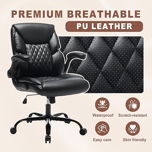 Miniatura 4 de Silla de oficina ejecutiva de piel sintética con ruedas, sillas de escritorio pequeñas giratorias de 360 con brazos acolchados, silla ergonómica