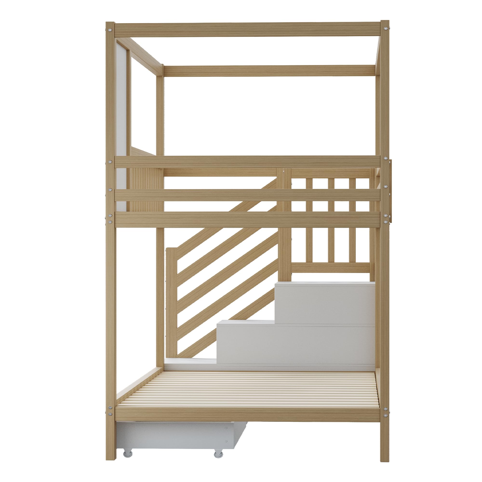 Letto a castello 90 x 200 cm, letto matrimoniale in legno massello, a forma di casa con finestre, design di recinzione di sicurezza, con cassetti e scala di sicurezza, per adolescenti (legno