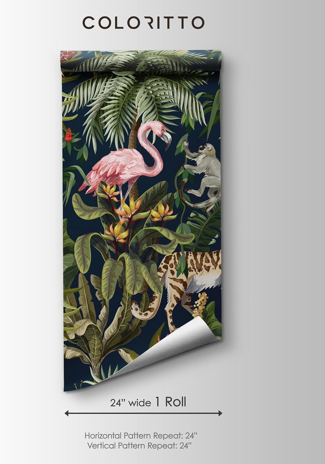 Jungle Animals Wallpaper | Removable Peel & Stick Tropical Mural | Safari Animals Kids Self Adhesive Wallpaper (1 roll 24" W x 96" H)