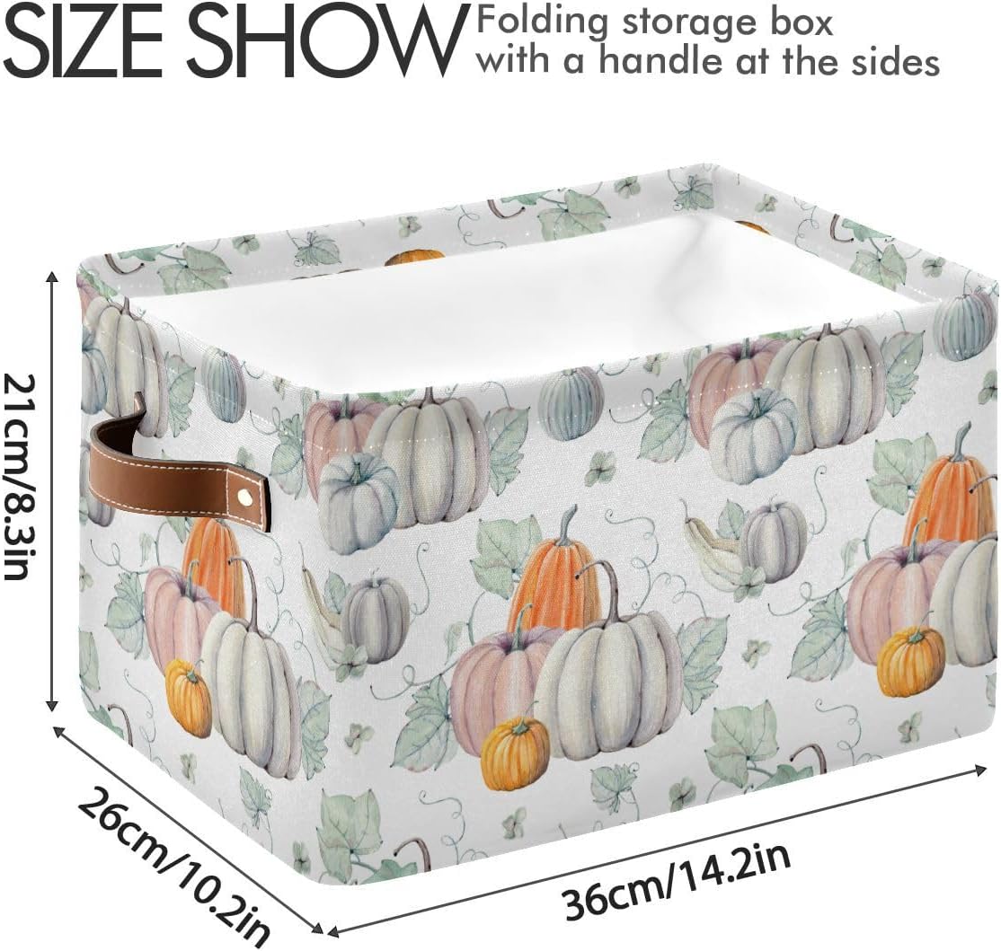 Fall Pumpkin Storage Basket Fabric Kitchen Baskets Autumn Maple Leaves Open Home Storage Bins Boxes Foldable Organizer Bag for Baby Cloth Pet Toy Book Shelf Closet Baskets 16×12×8 Inches