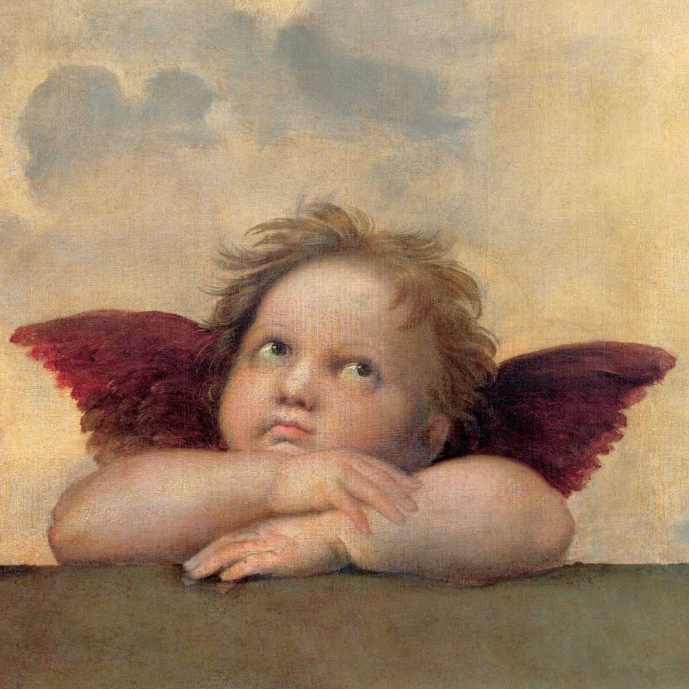 Madonna Sistina Raffaello Kunstdruck Angelo II, Madonna Sistina Raffaello, traditioneller, quadratischer Kunstdruck, Angelo II, schwebender Rahmen, 66 x 66 cm