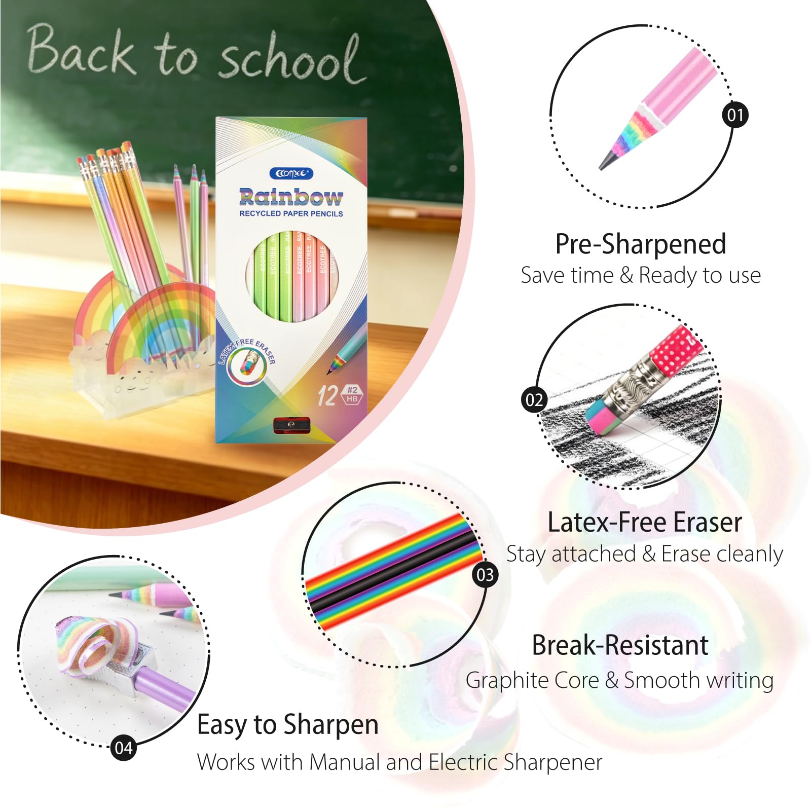 ECOTREE Bleistifte #2, Regenbogen-Bleistifte für Kinder, lustige Bleistifte, niedliche Bleistifte, vorgespitzte Bleistifte, Schulbedarf, 24 Stück